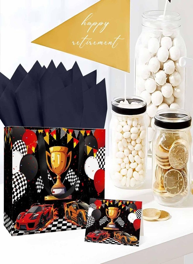 MUNILAIL 13 Inches Race Car Gift Bag with Tissue Paper Handle and Greeting Card Checkered Flag Gift Bag for Boys Birthday Baby Shower Racing Car Party Supplies Large Paper Gift Bag - Image 5